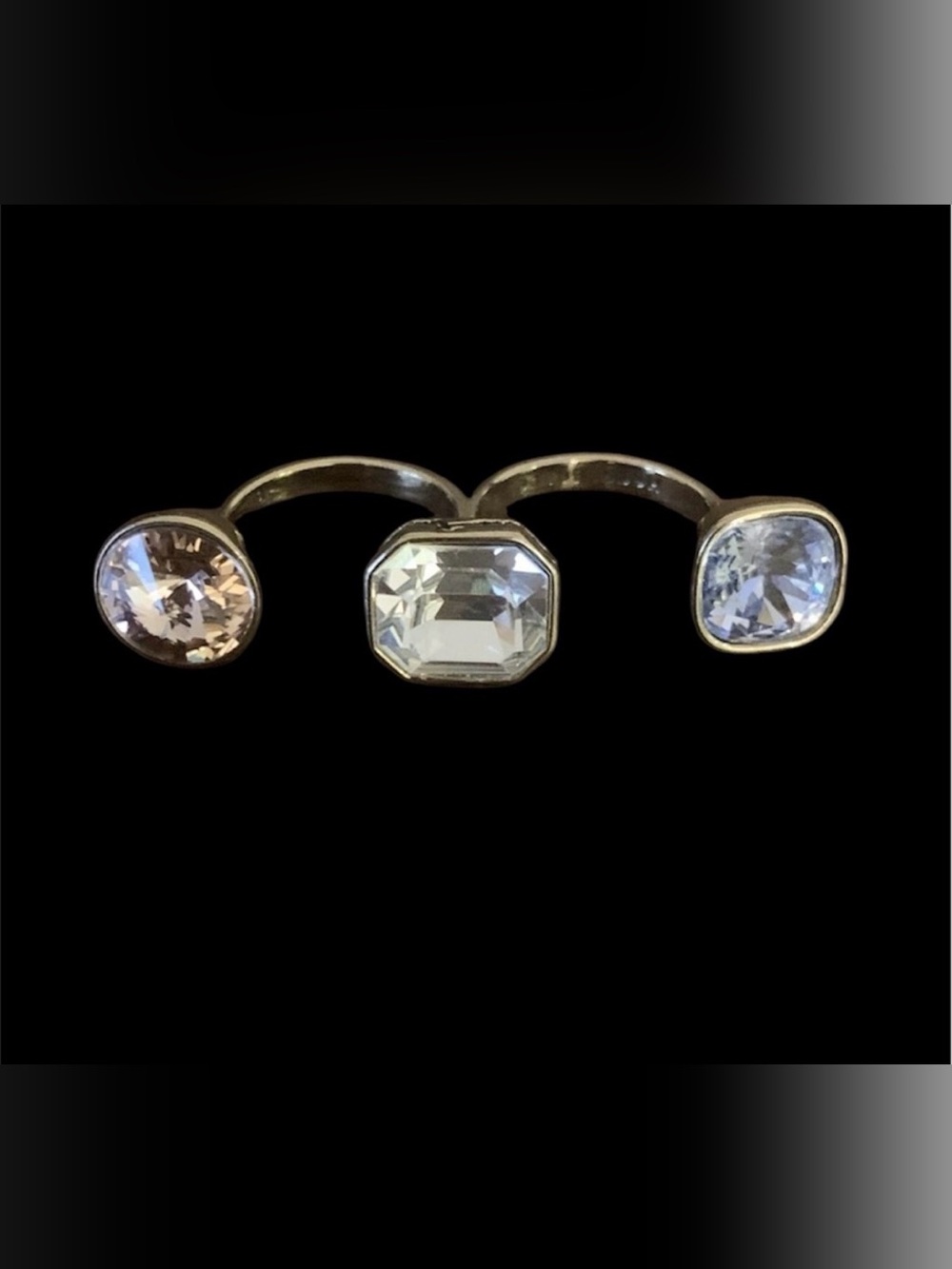 Henri Bendel silver triple adjustable knuckle ring with crystal stones, dust bag
